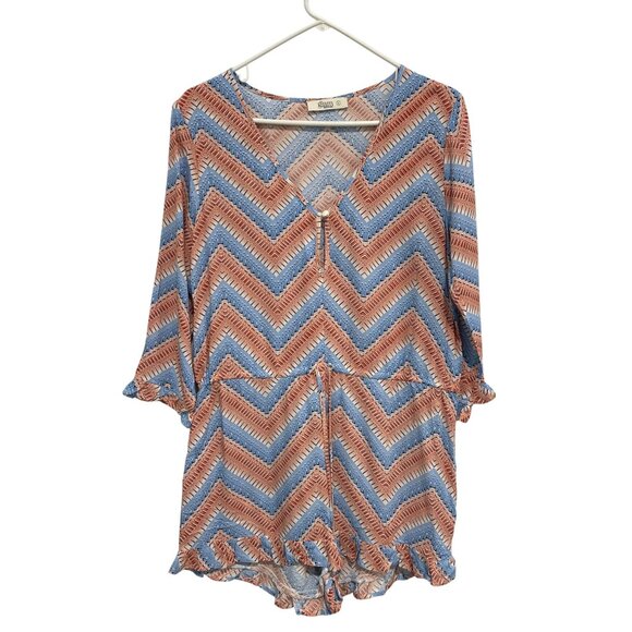 Glam 3/4 Sleeve Chevron Romper Size Large V Neck Drawstring Geometric Blue Peach - Picture 1 of 6